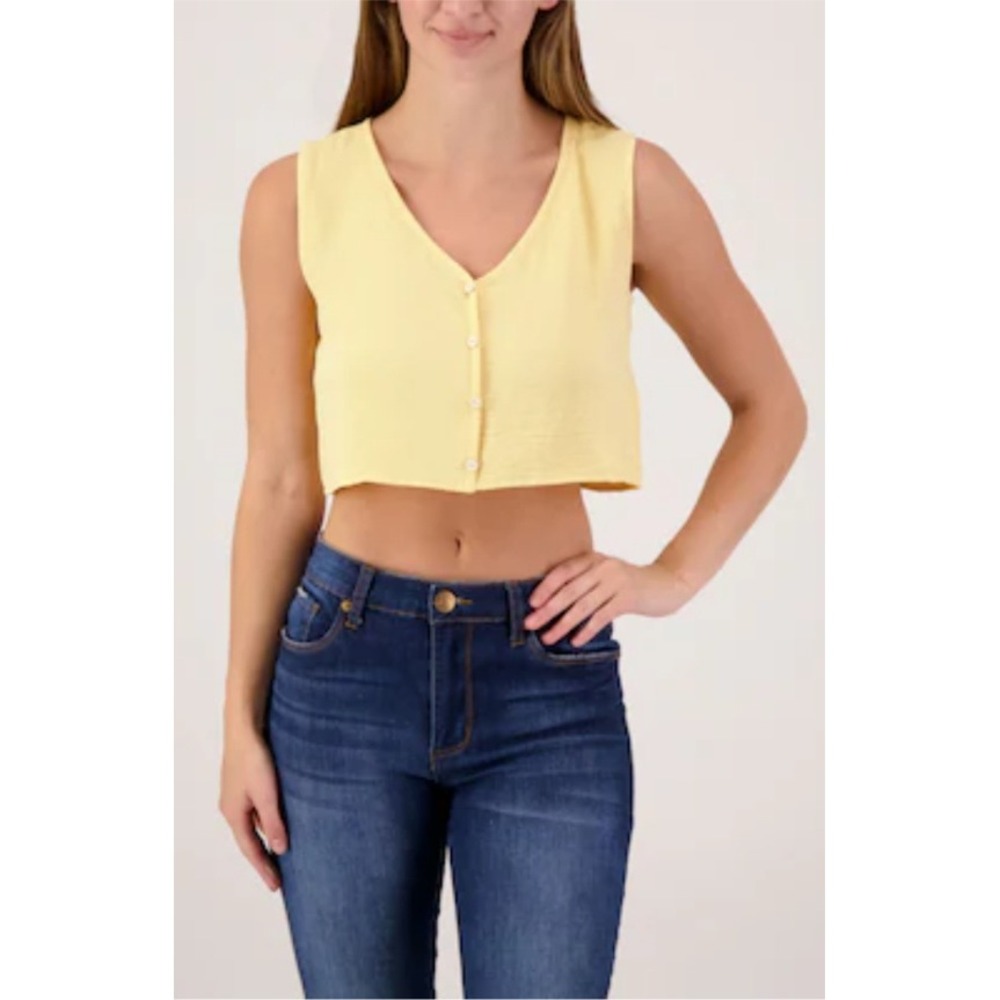 21 Saints Yellow Button‎ Front Cropped V Neck Sleeveless Top Women's Size XL NWT
